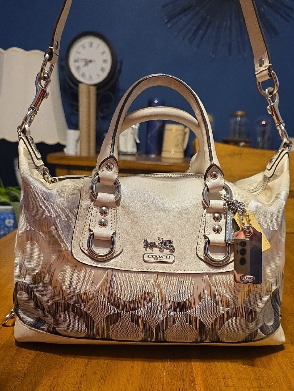 Coach Madison Op Art Sabrina satchel in the Ombre blue multi-color finish.